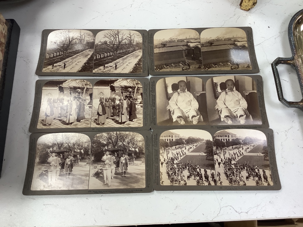 A 'Sun Sculpture' stereoscopic viewer and a large collection of Underwood and Underwood stereoscopic cards, many depicting Chinese